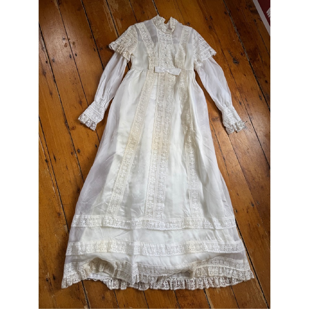 Vintage Lace Trimmed Bohemian Maxi Dress Sheer Overlay Wedding‎ Dress
